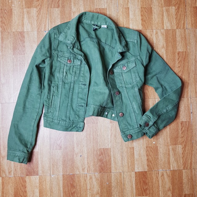 H M Olive Green Denim Jacket Women S Fashion Clothes On Carousell