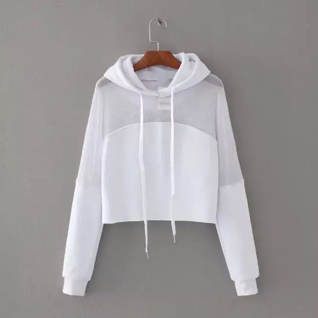 White mesh crop hoodie Women s Fashion Tops Other Tops on Carousell