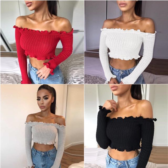 Po 7 Colors Knit Ribbed Off Shoulder Long Sleeve Crop Top