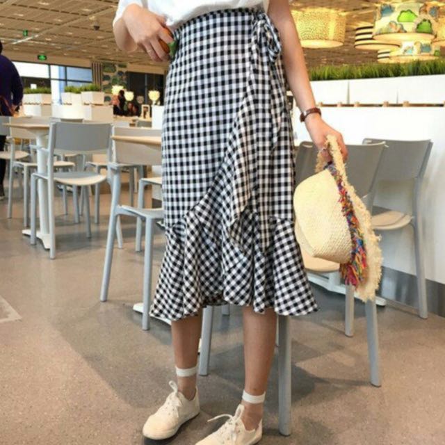 Gingham Wrap Skirt, Women's Fashion