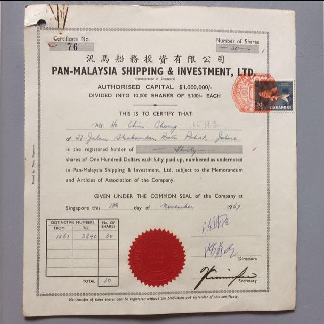 Vintage / Old Document Share Certification PanMalaysia Shipping