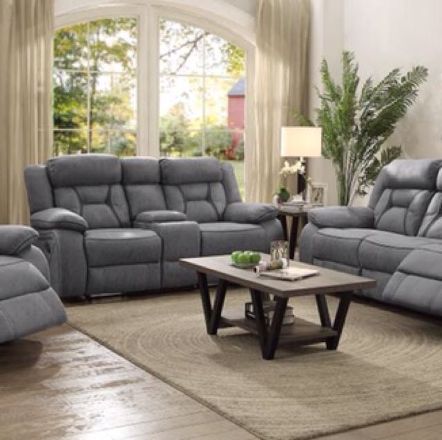 3pcs Stone Leatherette Fabric Motion Reclining Sofa Set Furniture Motion Reclining Sofa Set