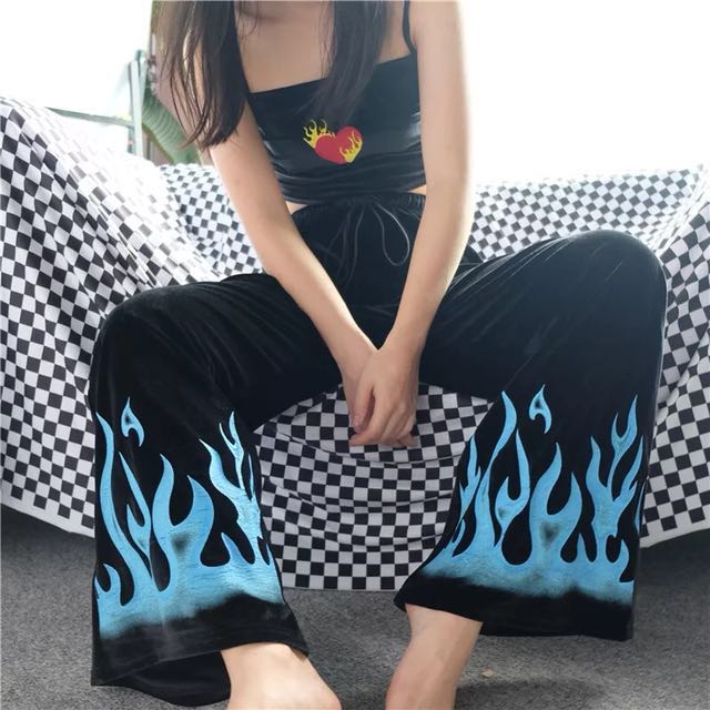 Blue Flames Velvet Pants Best Fit 166 170cm Tall Girls