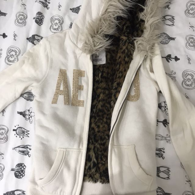 cream aeropostale fur lined rhinestones logo jacket