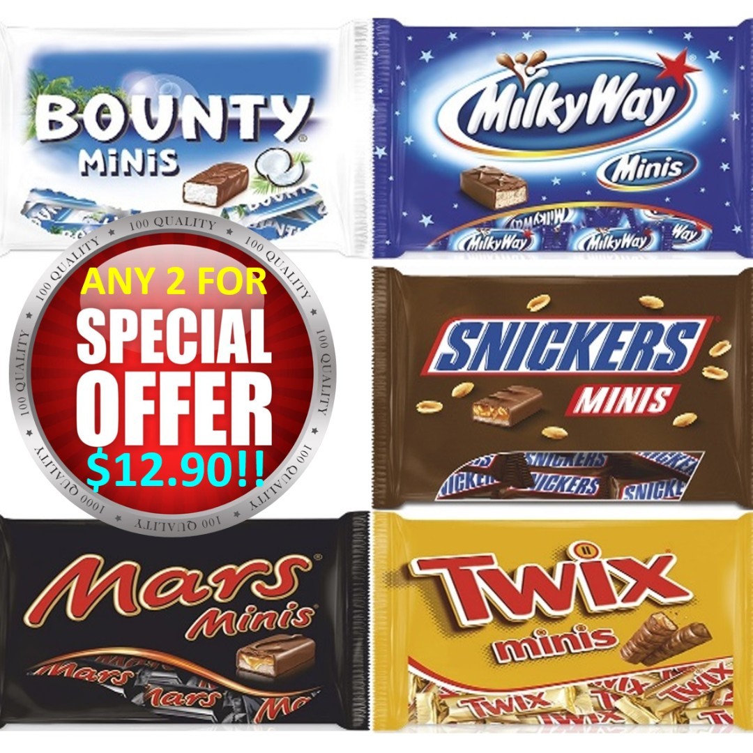 Go Bundle] Mini Funsize Mars, Twix, Bounty, Milkyway & Snickers (Any 2),  Food & Drinks, Fresh Produce on Carousell
