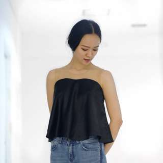 Atasan black satin top