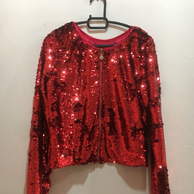 red sequin cardigan