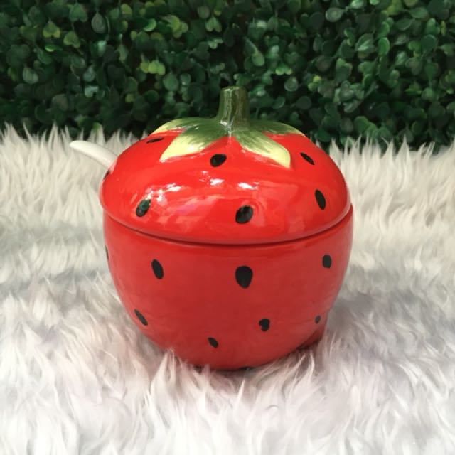 Ceramic strawberry Condiments container, Furniture & Home Living