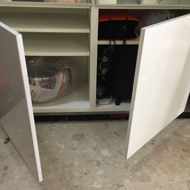 IKEA glass w LED lights & high gloss doors, Furniture & Home Living, Furniture, Shelves