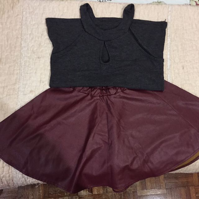 Keyhole Shirt - Faux Leather Skirt Set, Women's Fashion, Dresses & Sets ...