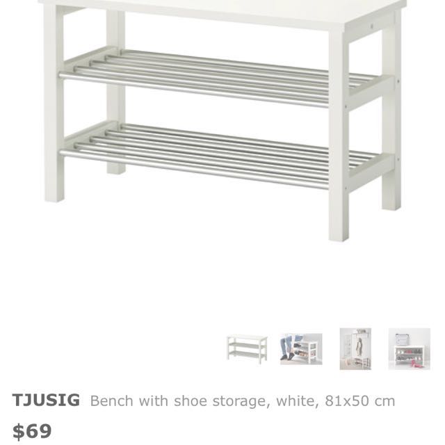 IKEA white TJUSIG bench with shoe storage, Furniture & Home Living, Furniture, Other Home