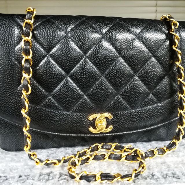 AUCTION MINIMUM BID: authentic chanel diana flap bag in caviar skin and 24k gold  hardware - FULL SET, Luxury, Bags & Wallets on Carousell