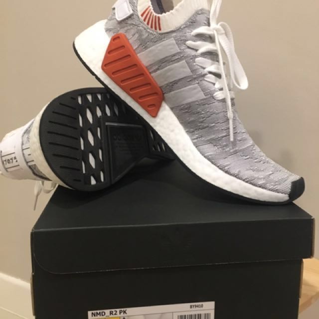 $160 Adidas NMD R2 Primeknit White/Grey/Orange, Men's Fashion, Footwear on  Carousell