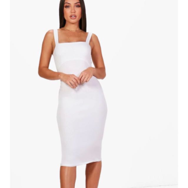 square neck white midi dress