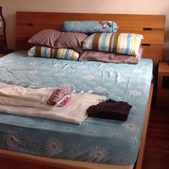 Solid Teak King Bed with Mattress & Topper (Johor Bahru), Furniture