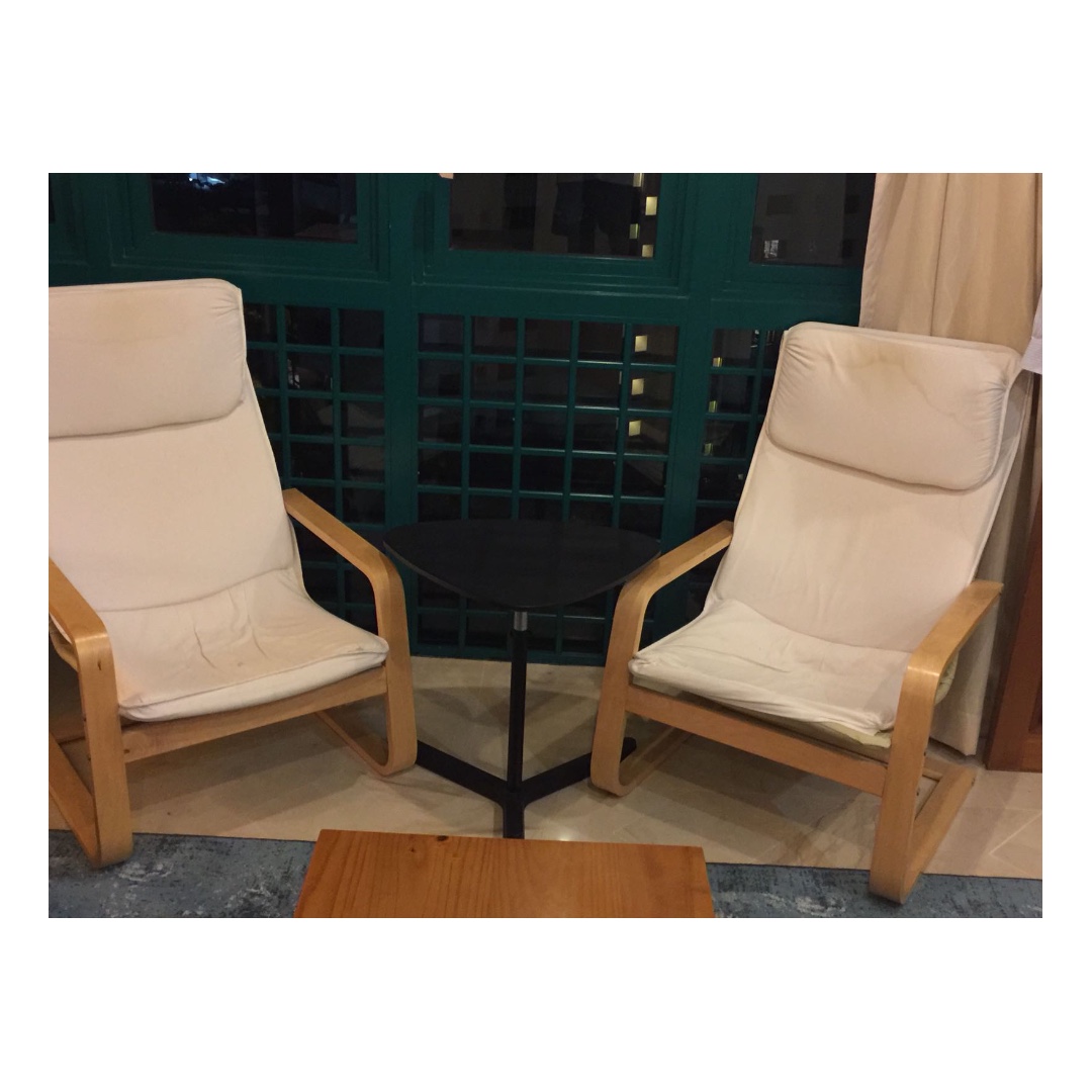 Two Ikea Semi Reclining Chairs And Triangular Side Table