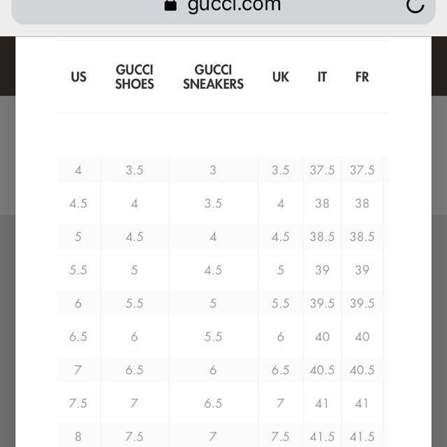 gucci sneaker size chart