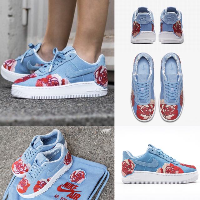 NIKE W AF1 UPSTEP LX 淺藍單寧花卉休閒運動鞋, 她的時尚, 鞋, 鞋墊在