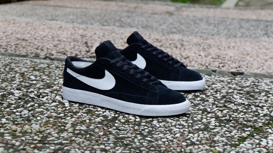 nike blazers low black and white suede