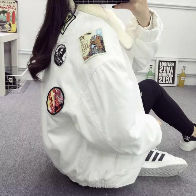 White Denim Oversized Jacket with sewn patches ulzzang
