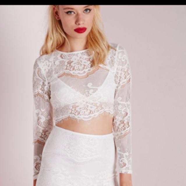 Missguided Bell Sleeve Lace Tie Front Crop Top in White