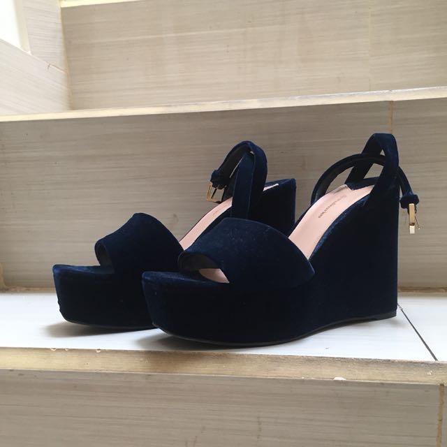 blue velvet wedges