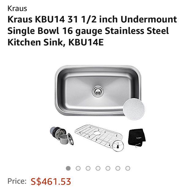 Kraus Kbu14 31 1 2 Inch Undermount Single Bowl 16 Gauge Stainless Steel Kitchen Sink Home Appliances On Carousell