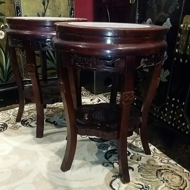 2 Pcs Chinese Antique Vintage Wooden Stool Marble Top Antiques Photo