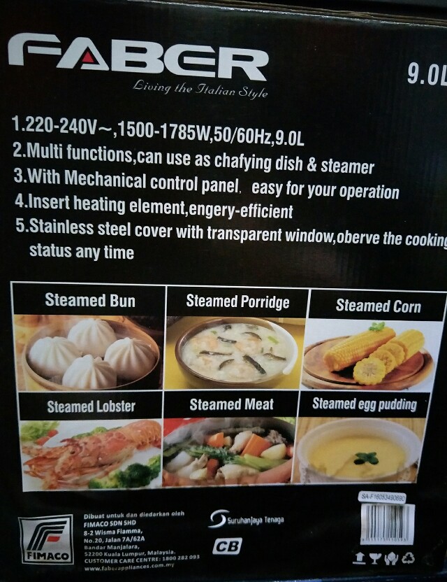 Faber Food Steamer FFS 928 SS, TV & Home Appliances, Kitchen Appliances