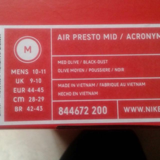 Nike Air Presto ACRONYM Olive Size M fits 9.5 11