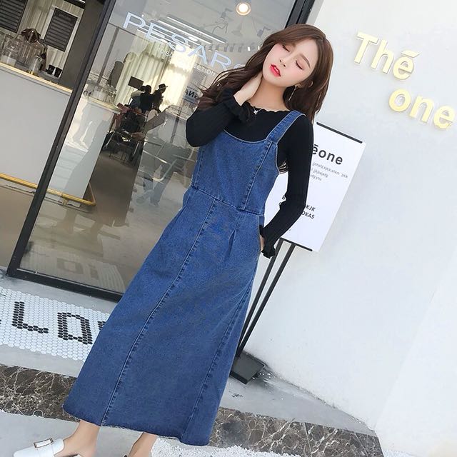 knee length denim pinafore dress