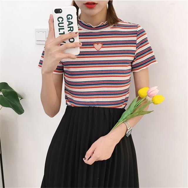 ULZZANG HEART CUT OUT STRIPED TOP, Women's Fashion, Tops, Sleeveless on ...