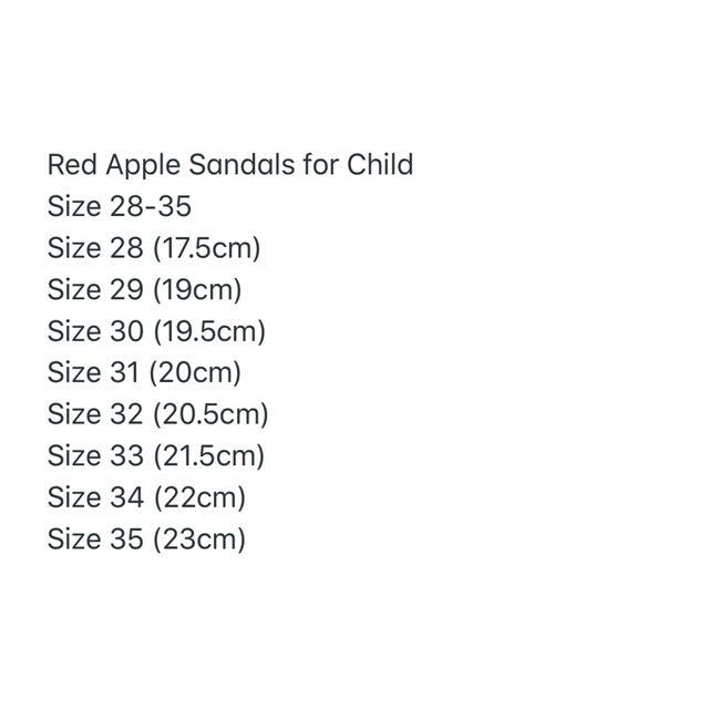 Red apple sandals size chart hot sale