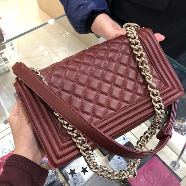 NOW IN JAPAN: authentic chanel boy bag in burgundy wine red and
