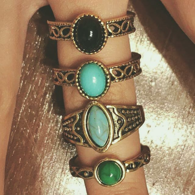 Vintage Inspired indian rings (Category: Rings) located in Pasig City. Submitted by bellatrix_08 (Listing ID 132501828, Image 3). Description: Please read before u buy: Brand new vintage inspired indian rings. Never worn. FYI- *metal base brass coated* meaning hindi purong brass material* Price as follows. 1 for 150 2 for 250 3 for 350 Available na lang is -All teal and 1 green ring. All size 6. 150 each. WYSIWYG. Rings with BLACK STONES ARE SOLD