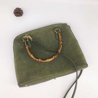 gucci古驰古董包 稀有麂皮绿色古董肩背斜背包 梯形水饺包