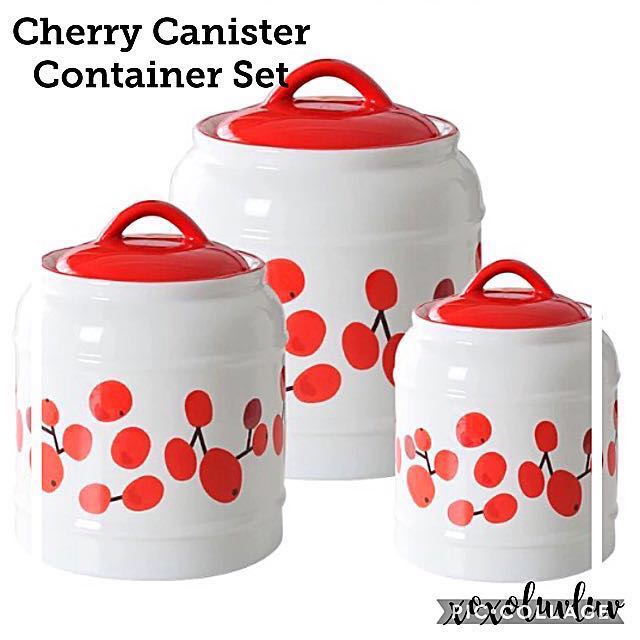 Brand New Cherry Leaves White Ceramic Canister Jar Set Home Photo