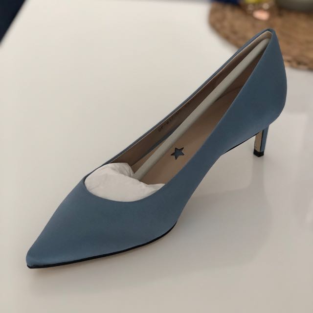 blue satin kitten heels