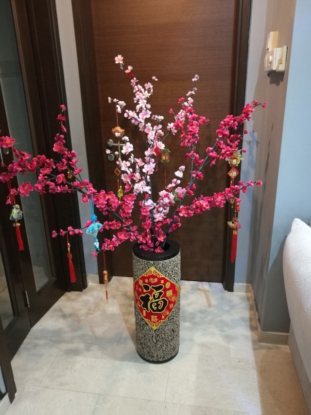 CNY Cherry Blossom Flower Vase wood Chinese New year decor, Furniture