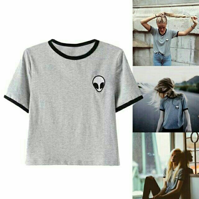 Grey Tumblr Alien Crop Top Korean Style Summer Women Fashion