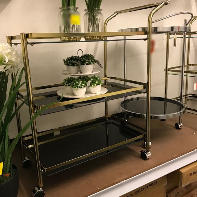 Serving Trolley (Category: Storage Boxes & Baskets) located in Singapore. Submitted by niudekko (Listing ID 149592971, Image 2). Description: Material: Tempered Glass Steel Dimensions: 68(w)*43(d)*81(h)cm.