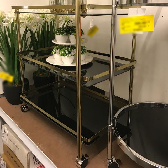 Serving Trolley (Category: Storage Boxes & Baskets) located in Singapore. Submitted by niudekko (Listing ID 149592971, Image 3). Description: Material: Tempered Glass Steel Dimensions: 68(w)*43(d)*81(h)cm.