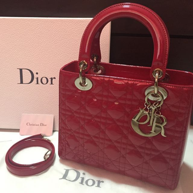 Cherry Red Lady Dior medium patent bombe calf, Luxury, Bags & Wallets ...