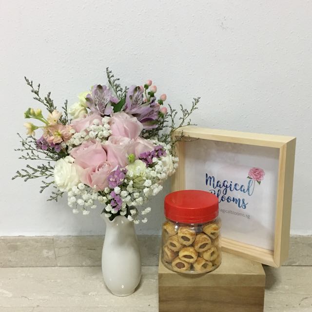 Cny Hamper Package Small Gift For Chinese New Year With Fresh Flowers Bulletin Board Preorders On Carousell