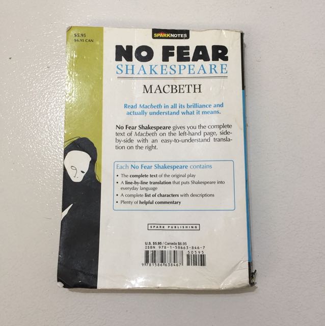 Macbeth Shakespeare Sparknotes (Category: Textbooks) located in Singapore. Submitted by booksxclothes (Listing ID 149658964, Image 2). Description: Series: Macbeth Sparknotes - with English translation for ease of understanding Condition: 6.0/10 - good condition - little dog ears and some highlighted text - text are all visible Retail Price: $8.00 Selling Price: $6.00 If you can meetup in the East, I can let it go at $4.00 🎐Meetups are recommend