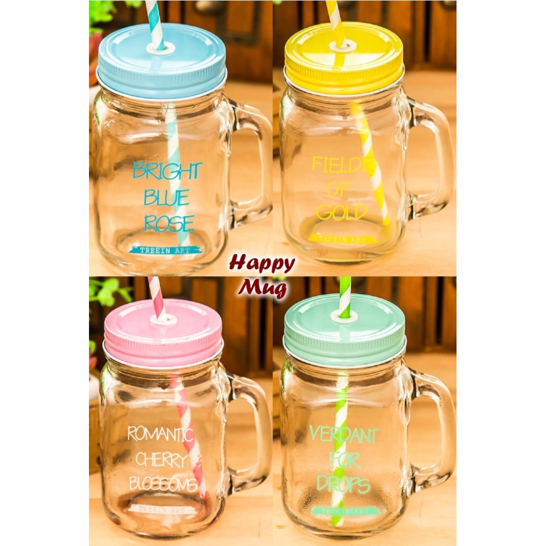 Gelas 500ml Motif Happy Mug Lengkap Sedotan Dan Tutup Berlubang Kitchen Appliances Di Carousell