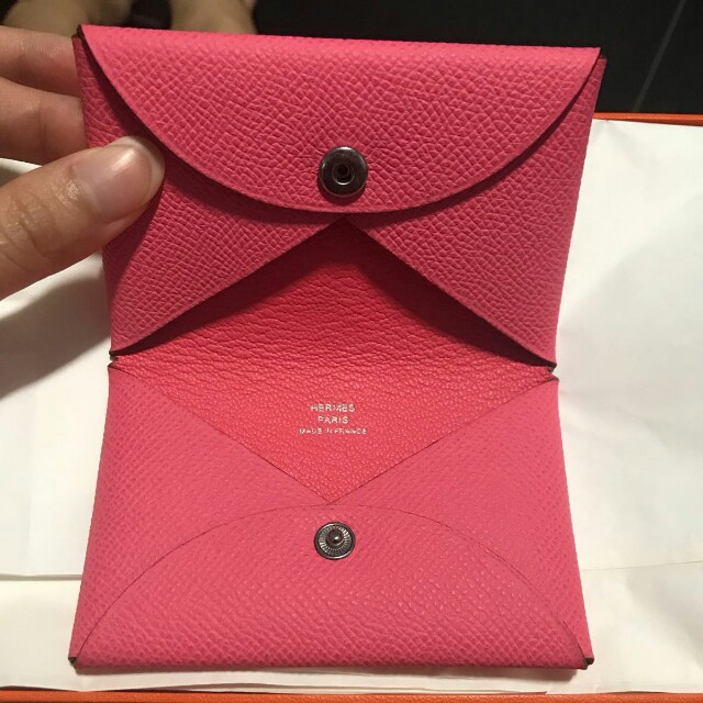 Hermes Rose Azalee Epsom Leather Calvi Card Holder Hermes