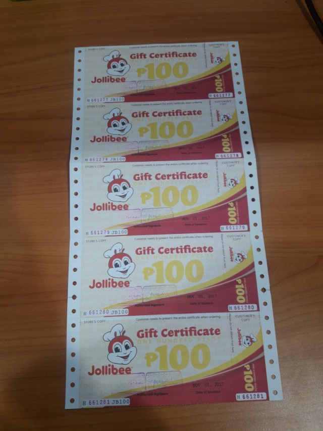 Jollibee Gift Certificate worth 500 Tickets Vouchers Store Credits