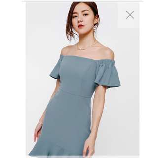 LB - Haylia Off Shoulder Ruffle Hem Dress in Slate Blue