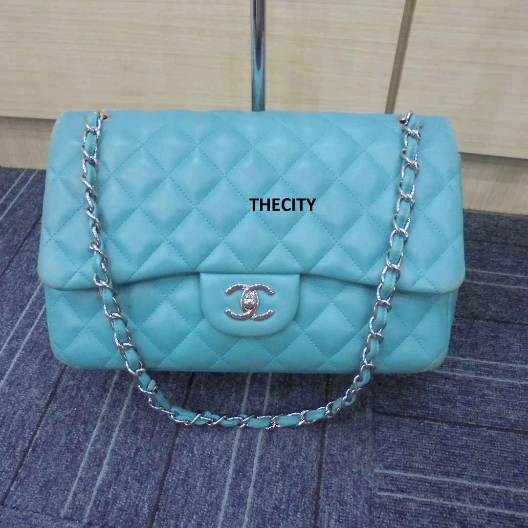 AUTHENTIC CHANEL CLASSIC LAMBSKIN DOUBLE FLAP JUMBO IN TURQUOISE